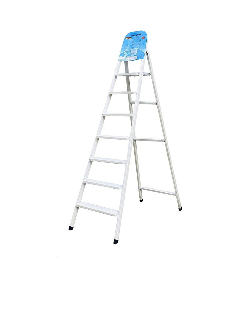 Robustline Heavy Duty Steel Ladder, Ultra Stable Folding Ladder. (7 Step, White)