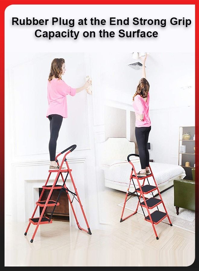 4 Steps Portable Household Telescopic Folding Multi-Function Step Steel Ladder Stool Chair with Wide Anti Slip Pedal and Comfort Hand grip for Adults Home Kitchen Garden Office Warehouse