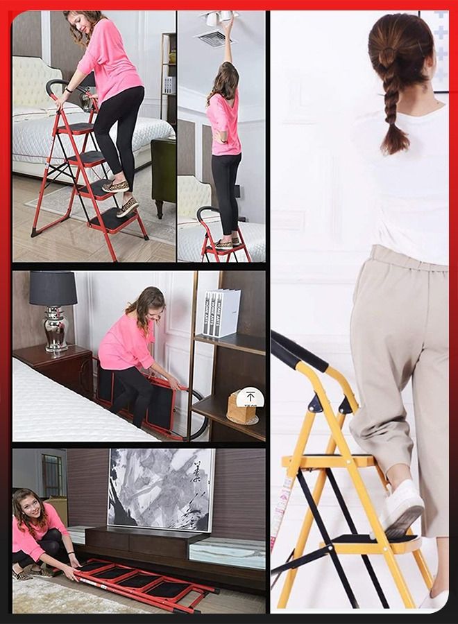 4 Steps Portable Household Telescopic Folding Multi-Function Step Steel Ladder Stool Chair with Wide Anti Slip Pedal and Comfort Hand grip for Adults Home Kitchen Garden Office Warehouse