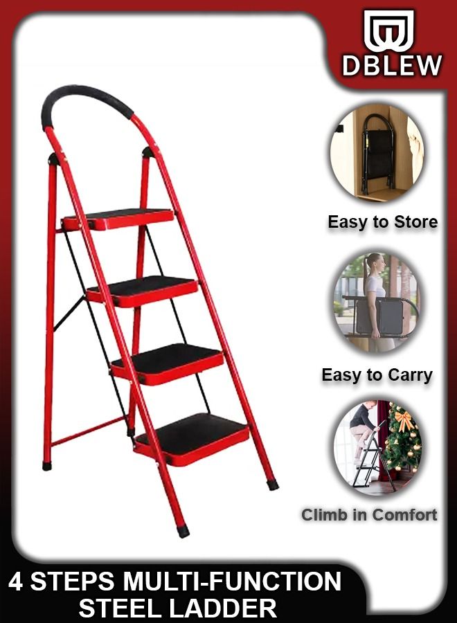 4 Steps Portable Household Telescopic Folding Multi-Function Step Steel Ladder Stool Chair with Wide Anti Slip Pedal and Comfort Hand grip for Adults Home Kitchen Garden Office Warehouse