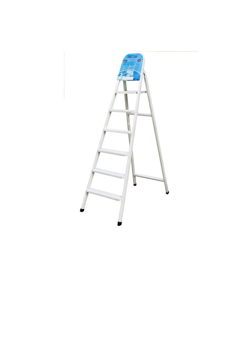 Robustline Heavy Duty Steel Ladder, Ultra Stable Folding Ladder. (6 Step, White)