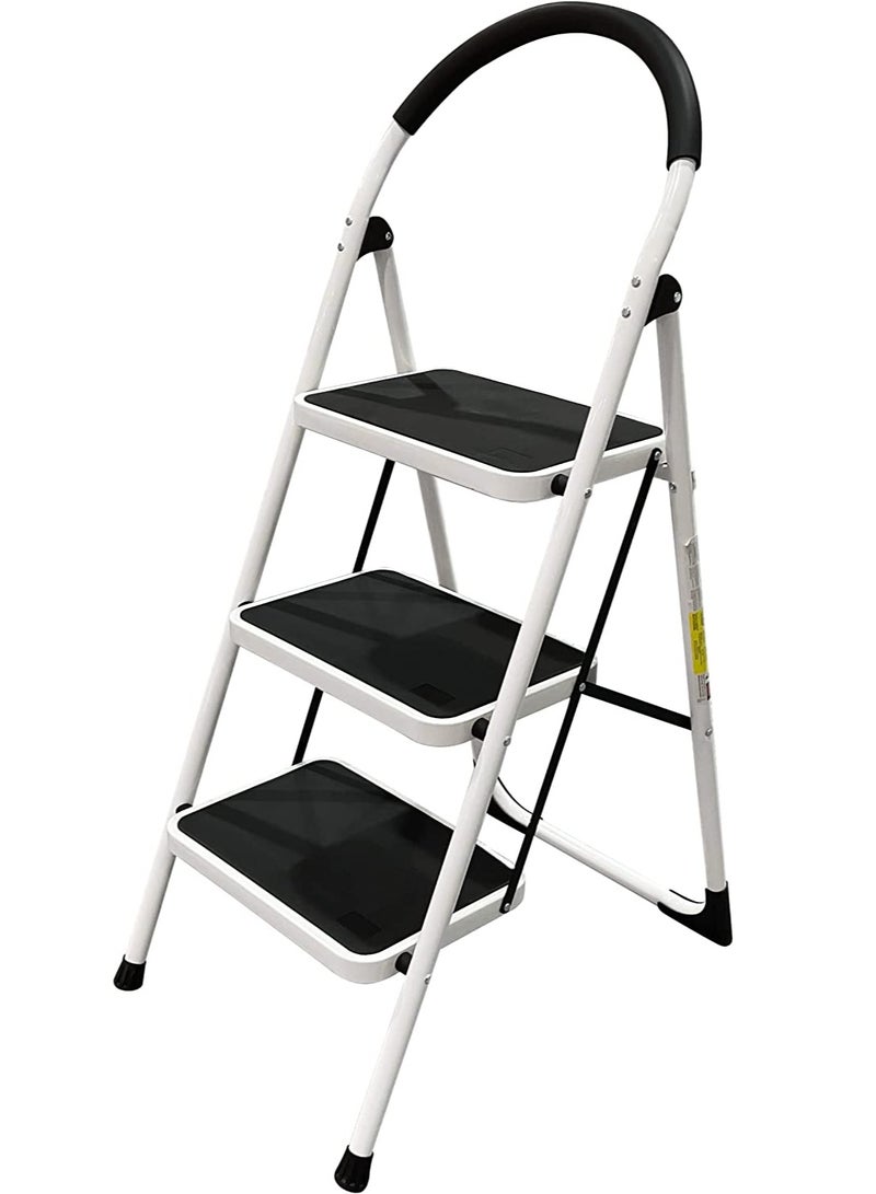 Robustline Home Purpose Ladder - 3 Steps Foldable Step Ladder with Rubber Handgrip and Non-Slip Treads, 150 kgs Weight Capacity- White