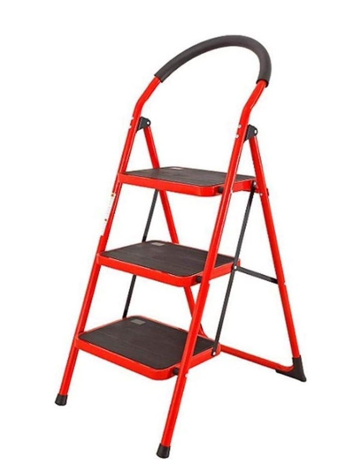 Robustline Home Purpose Ladder - 3 Steps Foldable Step Ladder with Rubber Handgrip and Non-Slip Treads, 150 kgs Weight Capacity- Red