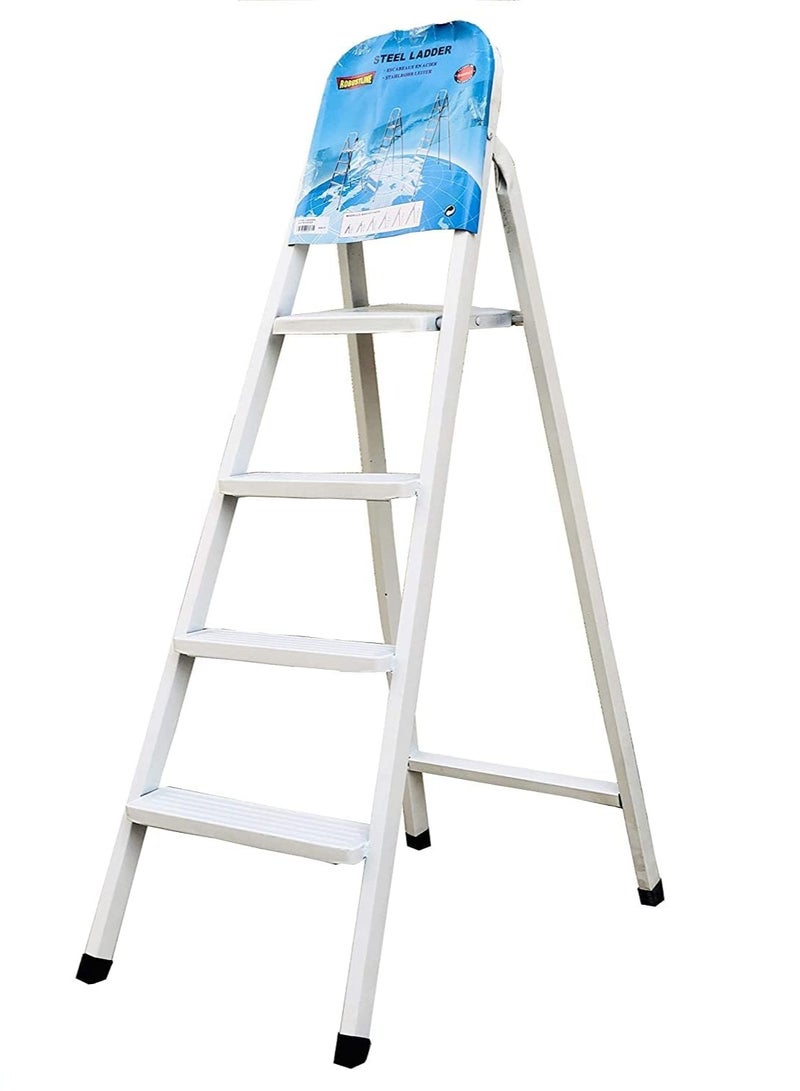 Robustline Steel Ladder 4 Steps Foldable Step Ladder with Handgrip and Non-Slip Treads, 150 kgs Weight Capacity- White