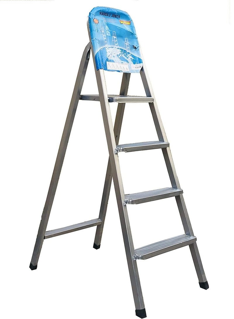 Robustline Steel Ladder 4 Steps Foldable Step Ladder with Handgrip and Non-Slip Treads, 150 kgs Weight Capacity- Silver