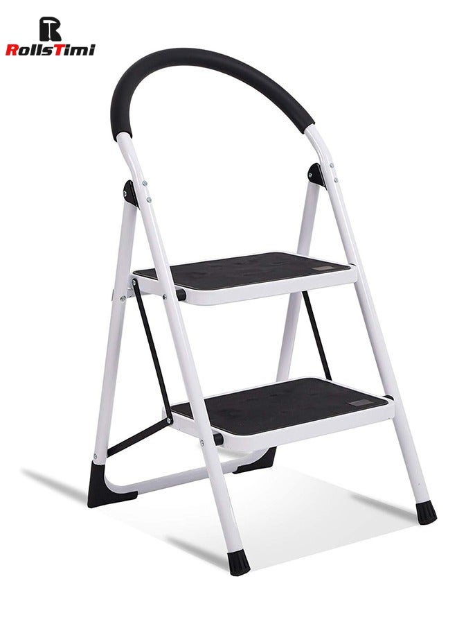 Foldable 2 Step Stainless Steel Ladder With Rubber Hand Grip White/Black