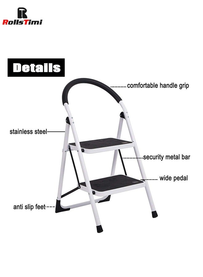 Foldable 2 Step Stainless Steel Ladder With Rubber Hand Grip White/Black