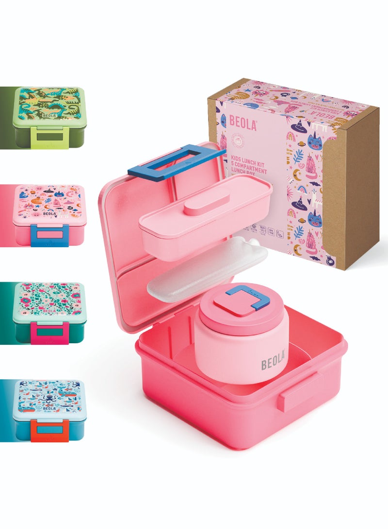 Lunch Box for Kids with Food Jar Inside, Multi Compartment Bento Lunch Box with 240ml Food Thermos and Ice Pack, Tiffin Box for Kids with Insulated Steel Jar, Lightweight BPA free (Unicat Magic)