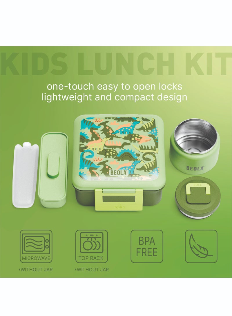 Lunch Box for Kids with Food Jar Inside, Multi Compartment Bento Lunch Box with 240ml Food Thermos and Ice Pack, Tiffin Box for Kids with Insulated Steel Jar, Lightweight BPA free (Dino Dreams)