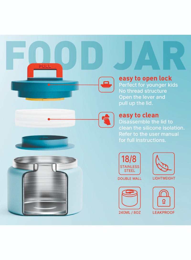 Lunch Box for Kids with Food Jar Inside, Multi Compartment Bento Lunch Box with 240ml Food Thermos and Ice Pack, Tiffin Box for Kids with Insulated Steel Jar, Lightweight BPA free (Sea Vibes)