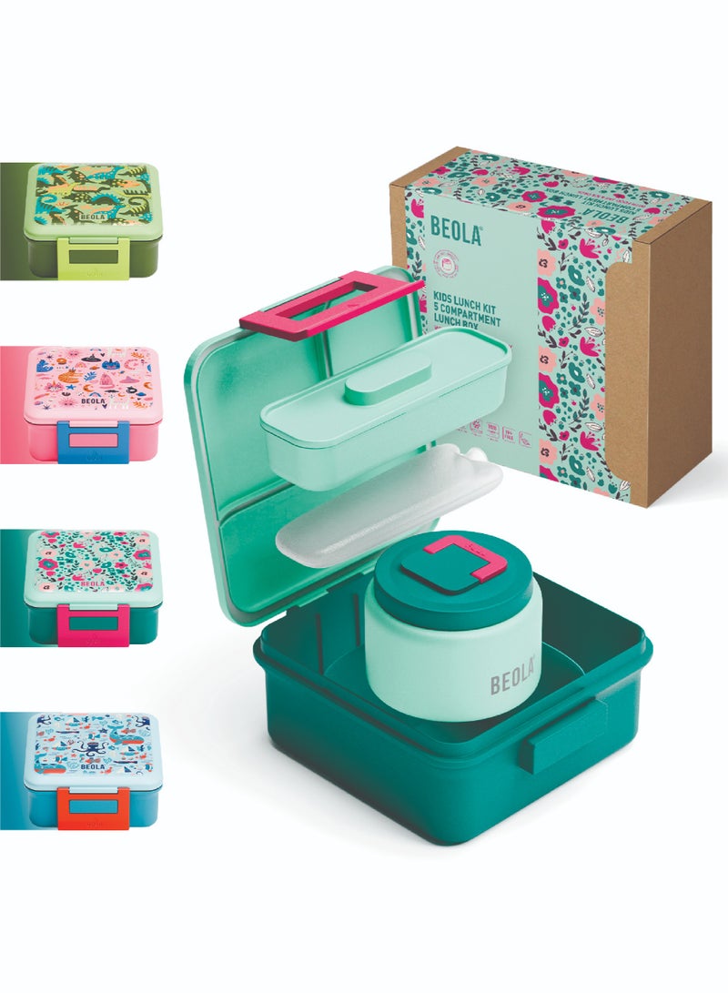 Lunch Box for Kids with Food Jar Inside, Multi Compartment Bento Lunch Box with 240ml Food Thermos and Ice Pack, Tiffin Box for Kids with Insulated Steel Jar, Lightweight BPA free(Ever Blooming)