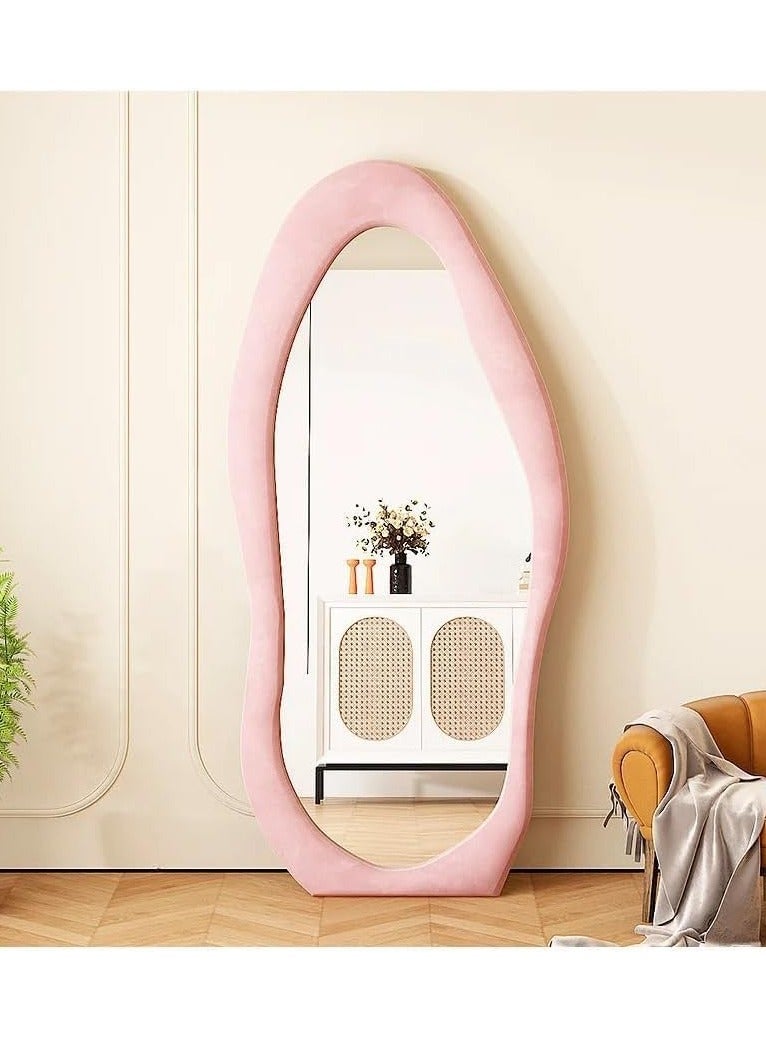 Full Length Mirror, Irregular Wavy Mirror Full Length, Wave Floor Mirror, Full Length Wall Mirror, Wall Mirror Standing Hanging or Leaning Against Wall for Bedroom (Pink)