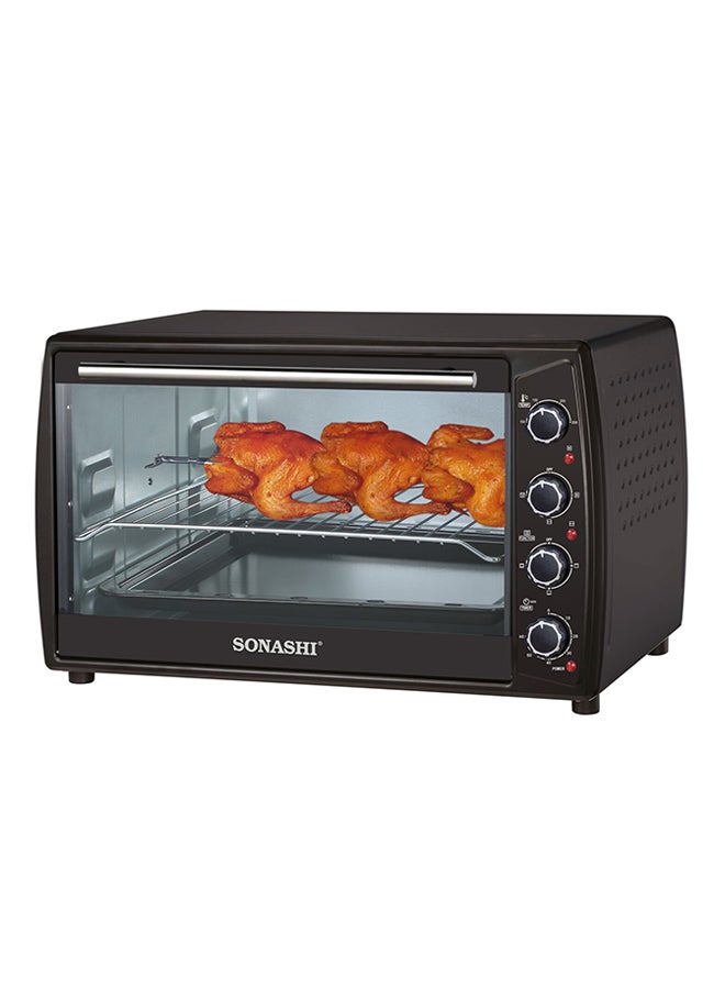 63L Electric Oven with Convection and Rotisserie Function | Perfect for Grilling, Toasting, and Roasting | 4 Knobs and Temperature 100 - 250 Degrees | 60 Minute Timer with Bell | Accessories: Bake Tray, Wire Rack, Tray Handle, Tong 2200 W STO-732 Black