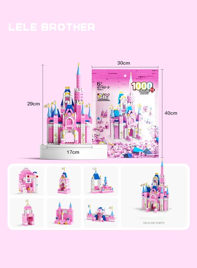 6-in-1 Disney Castle Building Blocks Set, Princess Castle Building Toys, Pink Palace Toy Set, Pink Princess Castle Building Blocks Set, Ideal Gifts for Kids Age 6+ Year Old (1000 PCS)