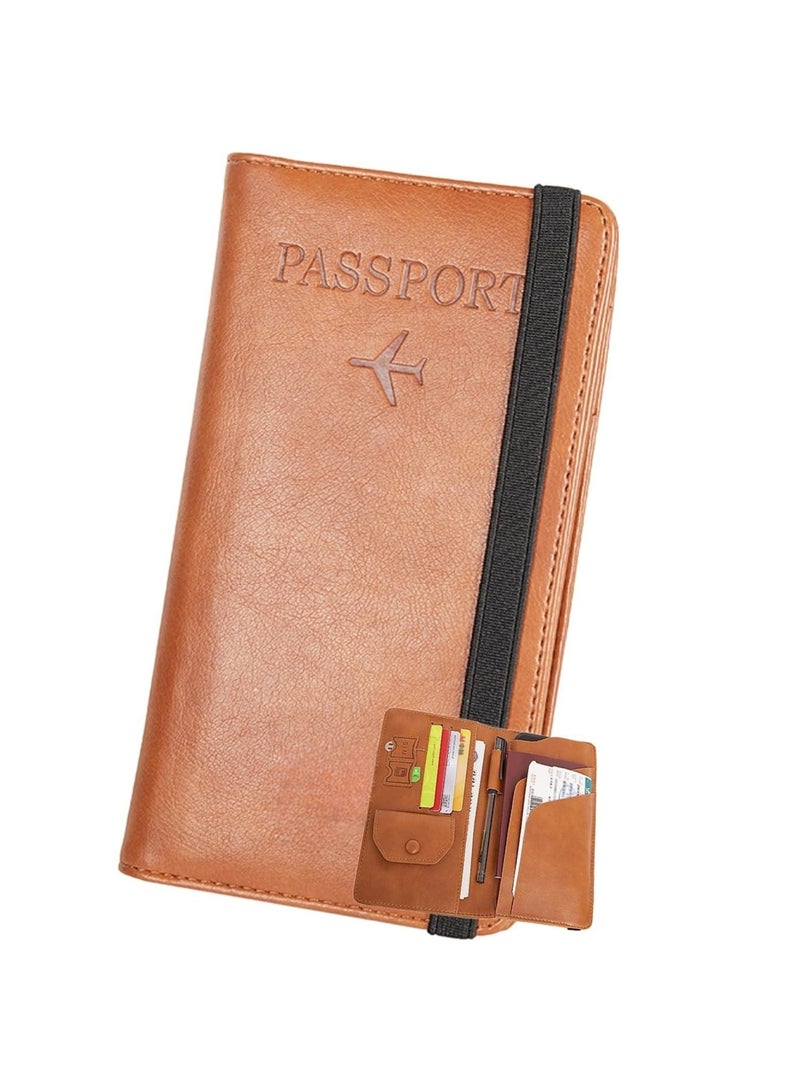 SYOSI Leather Passport Wallet, Multi-purpose Passport Holder Wallet for Women and Men with Phone Pocket, Coin Pocket, Passport Cover, Travel Document Holder for Travel, Business Trip (Brown)