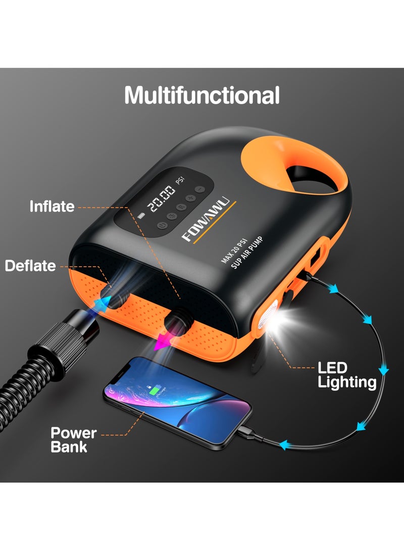 FOWAWU Sup Pump Electric 3 * 7800mAh, 20 PSI Paddle Board Pump Intelligent Dual Stage Inflation & Deflation, Auto-Off, Inflatable Sup Pump SUP Air Pump DC 12V Car Connector