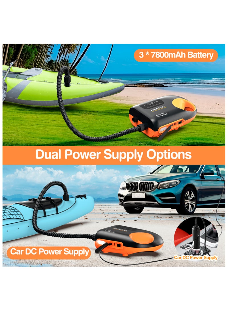 FOWAWU Sup Pump Electric 3 * 7800mAh, 20 PSI Paddle Board Pump Intelligent Dual Stage Inflation & Deflation, Auto-Off, Inflatable Sup Pump SUP Air Pump DC 12V Car Connector