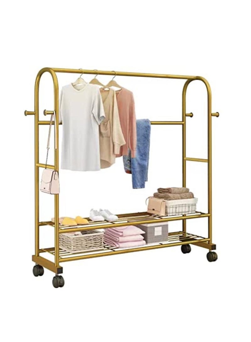 Heavy Duty Clothes Rail With 2-Tier Shelves And 4 Hooks Metal Clothes Rack Garment Dress Hanging Display Stand With 4 Wheels Easy Storage