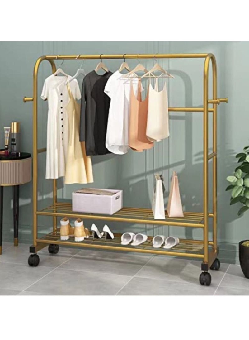 Heavy Duty Clothes Rail With 2-Tier Shelves And 4 Hooks Metal Clothes Rack Garment Dress Hanging Display Stand With 4 Wheels Easy Storage