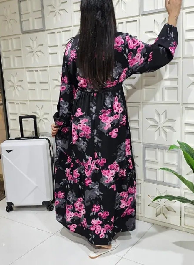 Floral Pattern Collar Neck Long Sleeves Button-Up Ruffle Hem Belted Long Maxi DORBE Dress