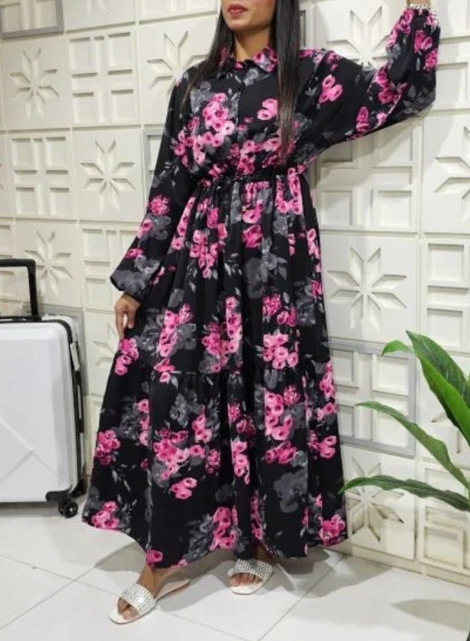 Floral Pattern Collar Neck Long Sleeves Button-Up Ruffle Hem Belted Long Maxi DORBE Dress