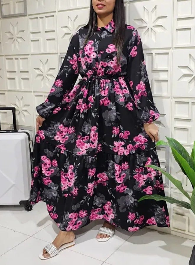 Floral Pattern Collar Neck Long Sleeves Button-Up Ruffle Hem Belted Long Maxi DORBE Dress