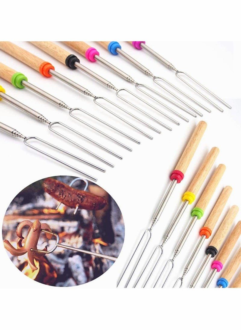 Telescoping Roasting Sticks Set for Barbecue and Camping, 8 Pcs Stainless Steel Skewers with Wooden Handles for Perfect Marshmallows