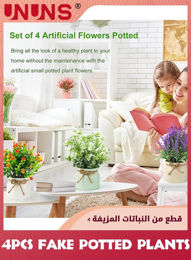 Fake Potted Plants,4 Pack Artificial Potted Flowers Faux Greenery Plants,Eucalyptus Boxwood Lavender In Plastic Macaron Pots Bonsai For Home Office Shelf Desktop Indoor Outdoor Wedding Decor