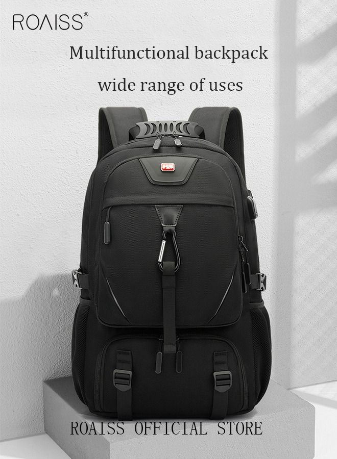 Unisex Independent Shoes Compartment Hiking Backpack 80L Large Capacity Expandable Luggage Bag with USB Port for Sports Travel Outdoor Business Trip Work Black