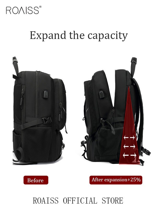 Unisex Independent Shoes Compartment Hiking Backpack 80L Large Capacity Expandable Luggage Bag with USB Port for Sports Travel Outdoor Business Trip Work Black