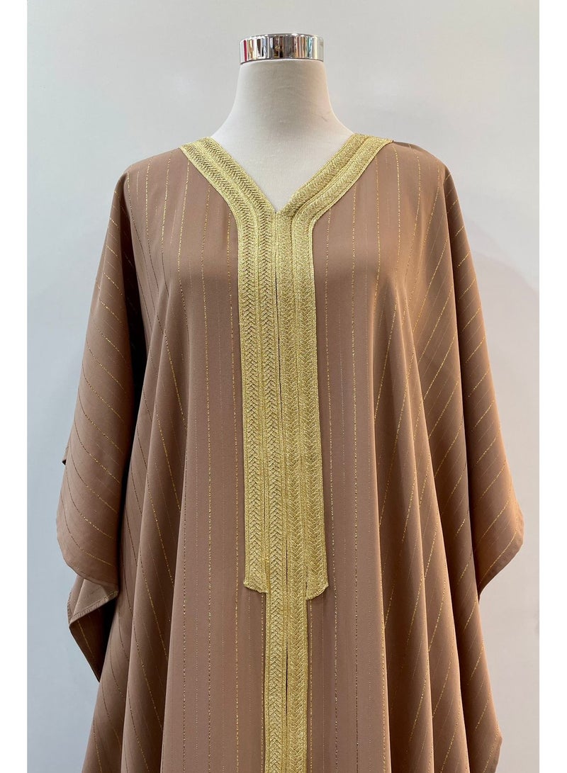 Linen Jellabiya with mix Cotton and Crepe Brown Color