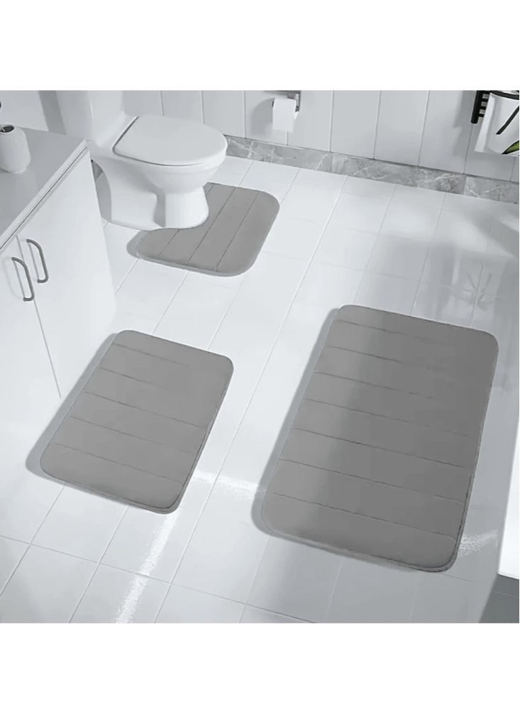 3-Pieces Coral Velvet Bathroom Floor Mat Suit Solid Color Toilet Carpet Set Grey