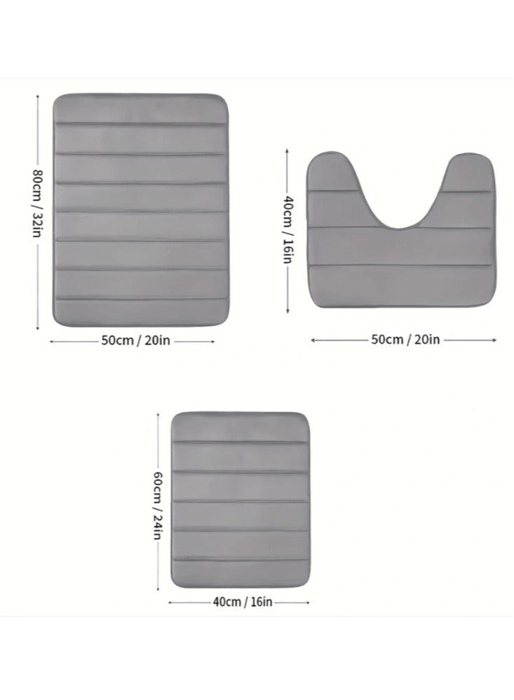 3-Pieces Coral Velvet Bathroom Floor Mat Suit Solid Color Toilet Carpet Set Grey