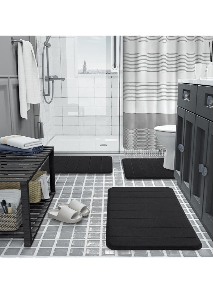 3-Pieces Coral Velvet Bathroom Floor Mat Suit Solid Color Toilet Carpet Set Black