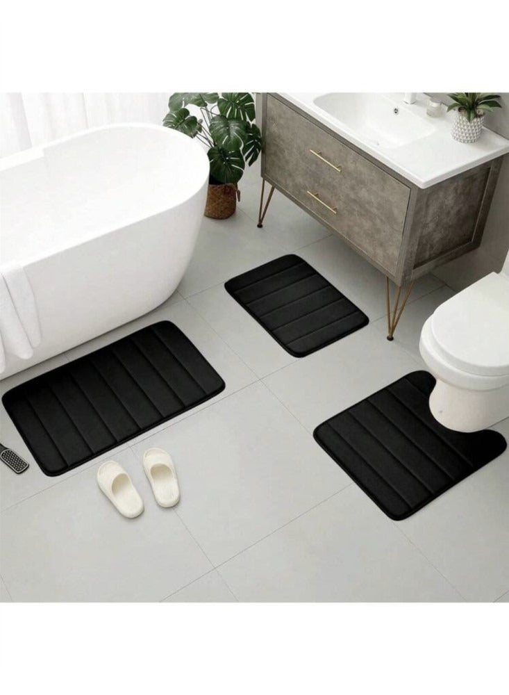 3-Pieces Coral Velvet Bathroom Floor Mat Suit Solid Color Toilet Carpet Set Black