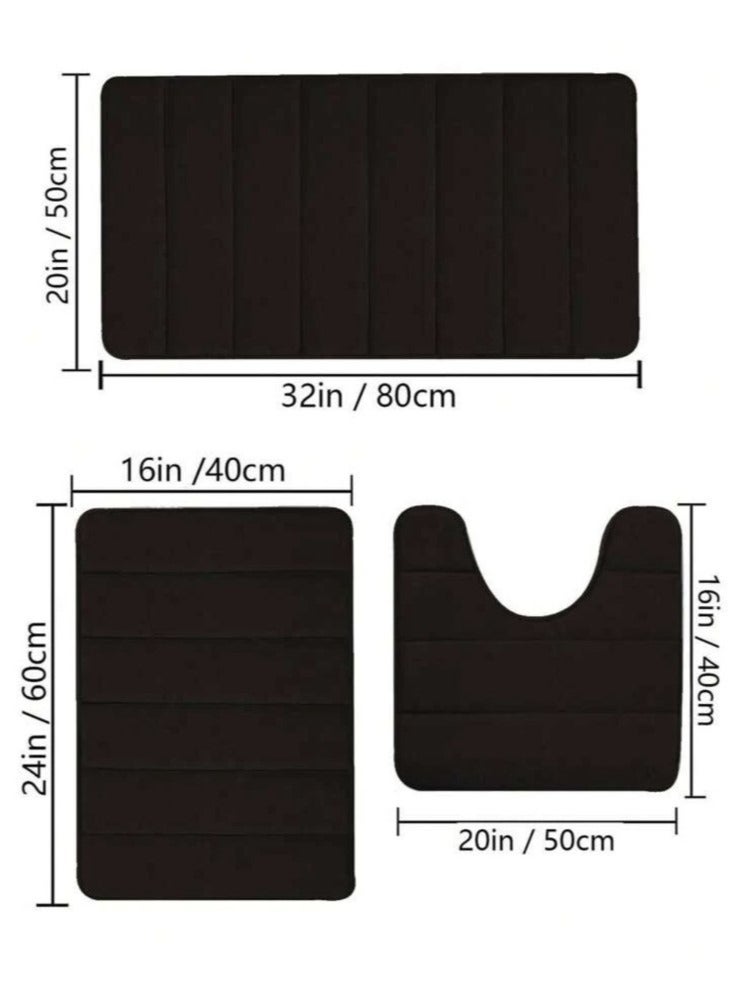 3-Pieces Coral Velvet Bathroom Floor Mat Suit Solid Color Toilet Carpet Set Black