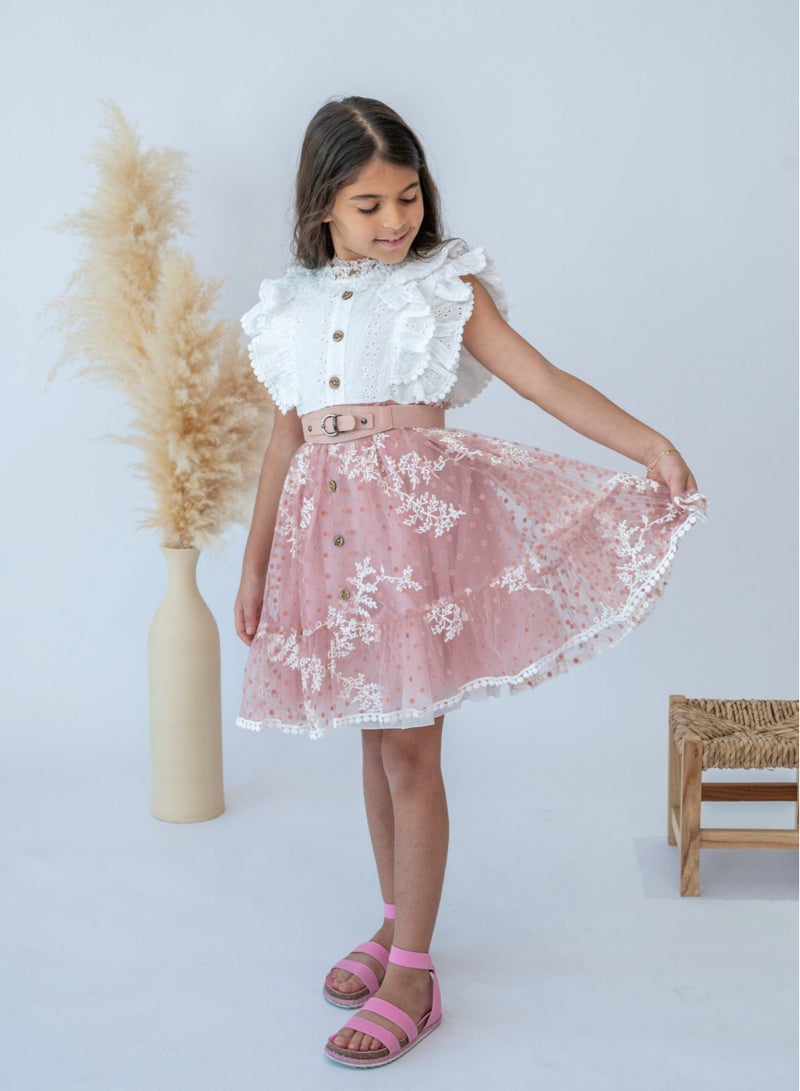 Girls’ Stylish Pink Ruffle Lace Dress with Belt