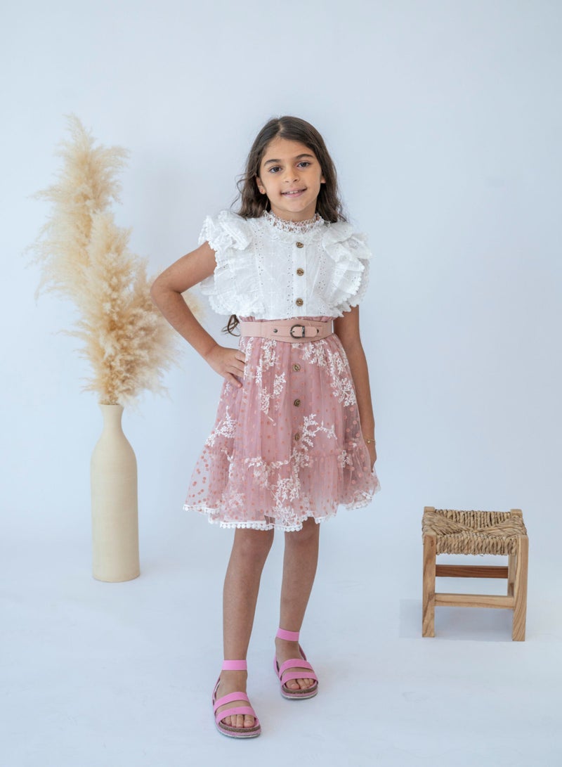 Girls’ Stylish Pink Ruffle Lace Dress with Belt