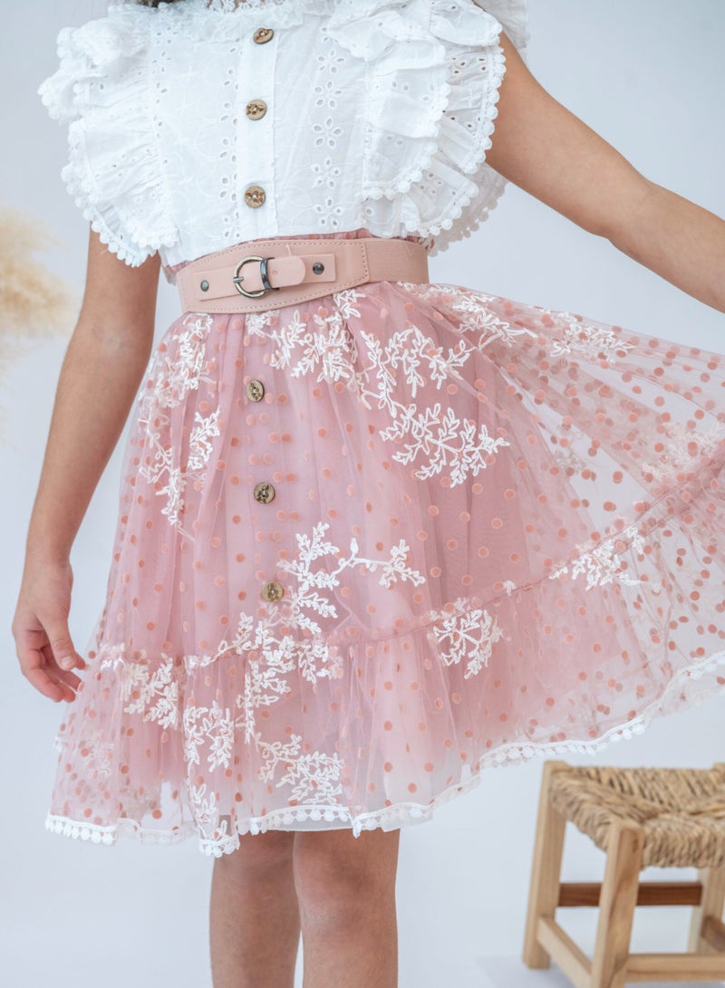 Girls’ Stylish Pink Ruffle Lace Dress with Belt