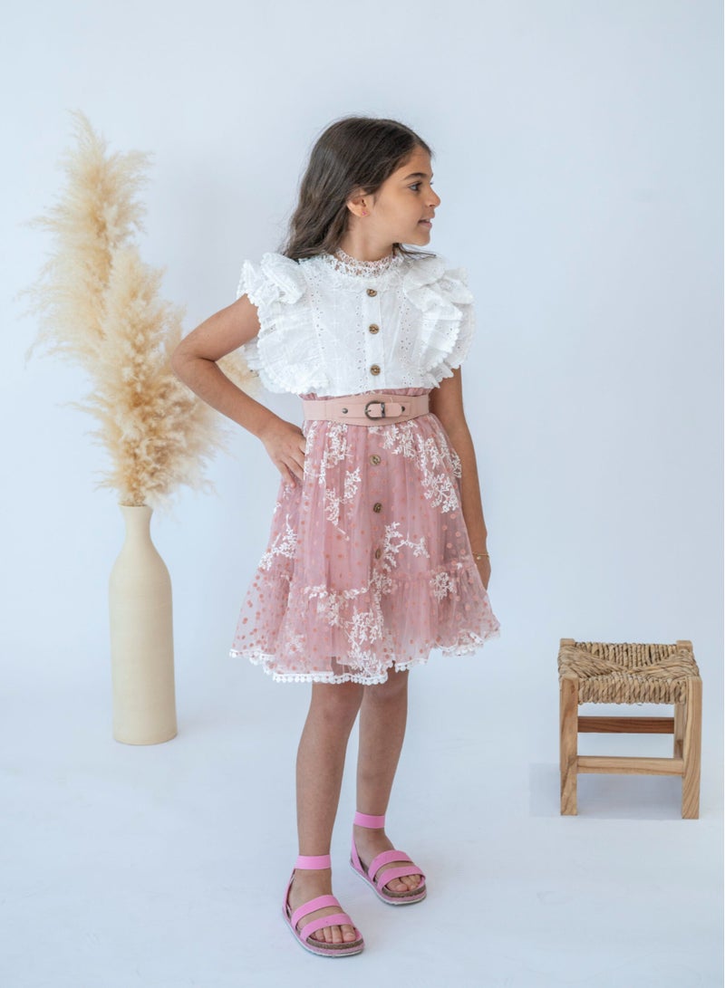 Girls’ Stylish Pink Ruffle Lace Dress with Belt