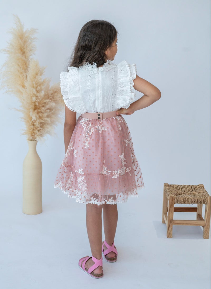 Girls’ Stylish Pink Ruffle Lace Dress with Belt