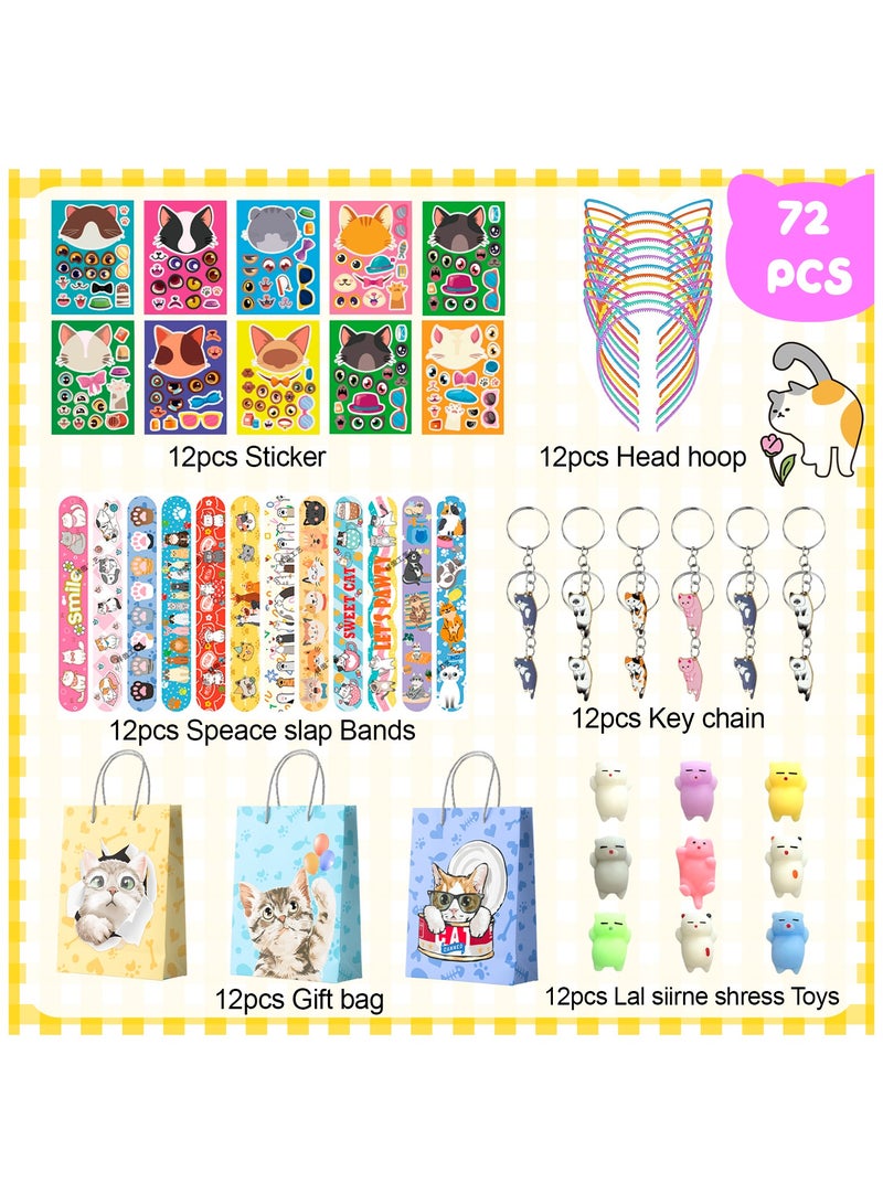 Cat Party Favors, 72pcs Kitty Party Favors Set Including Cat Goodie Bags Ears Headband Stickers Keychains Slap Bracelets etc Cat Themed Party Favors for Cat Birthday Party Decorations Supplies