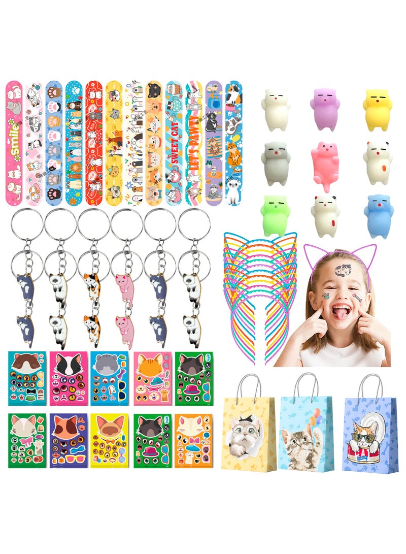 Cat Party Favors, 72pcs Kitty Party Favors Set Including Cat Goodie Bags Ears Headband Stickers Keychains Slap Bracelets etc Cat Themed Party Favors for Cat Birthday Party Decorations Supplies