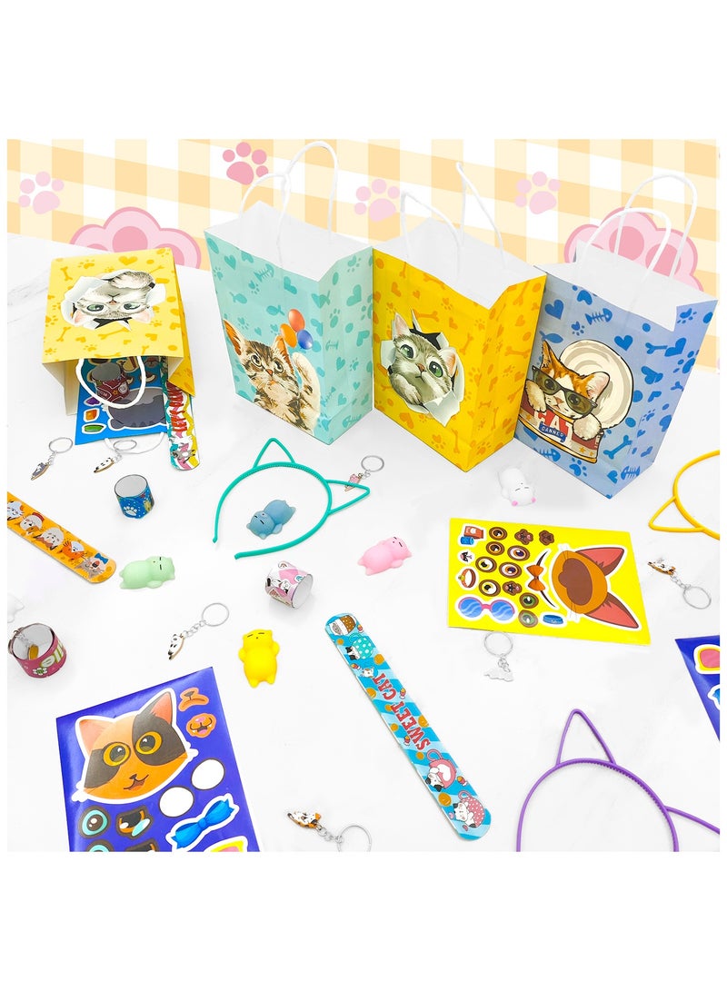 Cat Party Favors, 72pcs Kitty Party Favors Set Including Cat Goodie Bags Ears Headband Stickers Keychains Slap Bracelets etc Cat Themed Party Favors for Cat Birthday Party Decorations Supplies