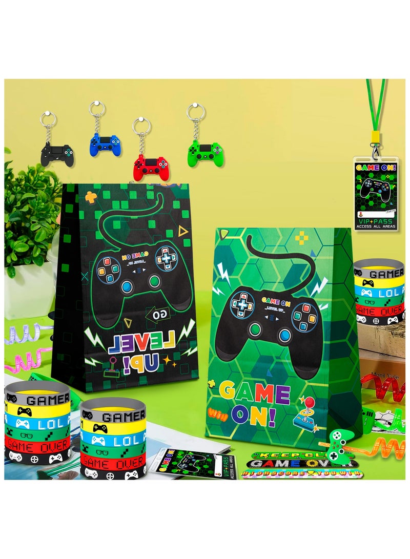 Video Game Party Favors for Kids, 110pcs Set Including Video Game Wristband Slap Bracelets Keychain Vip Pass Ticket & Gamer Goodie Bags etc Gaming Party Favors