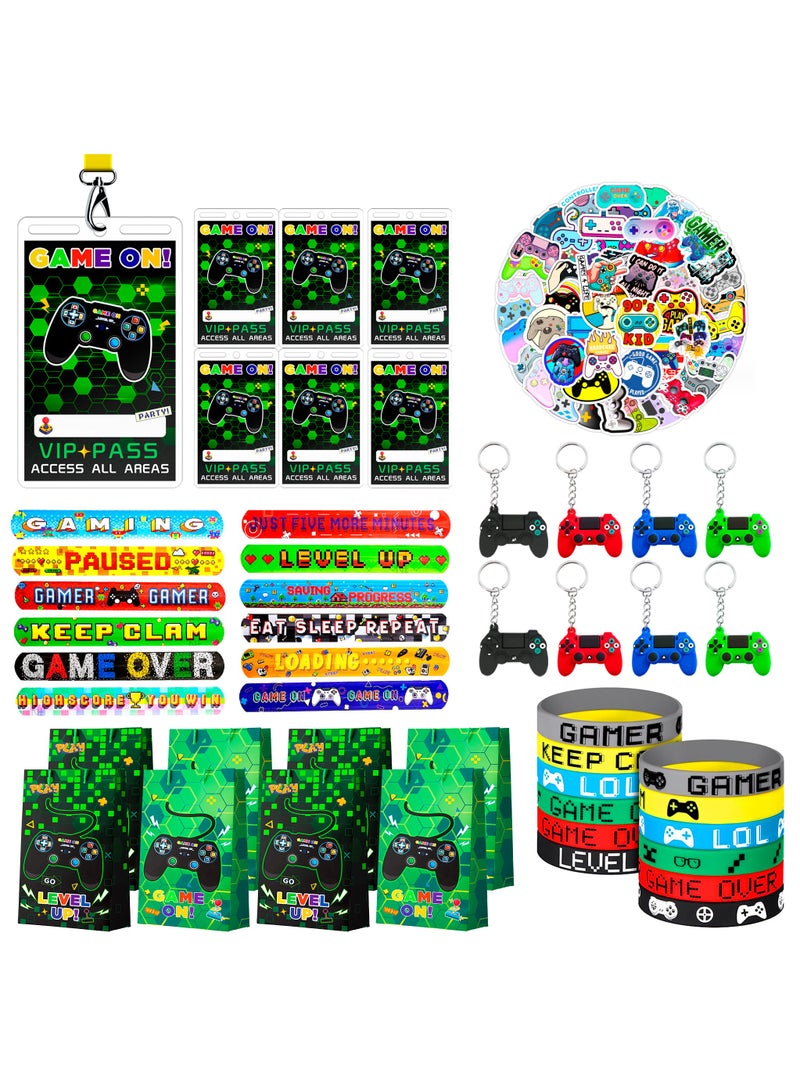 Video Game Party Favors for Kids, 110pcs Set Including Video Game Wristband Slap Bracelets Keychain Vip Pass Ticket & Gamer Goodie Bags etc Gaming Party Favors