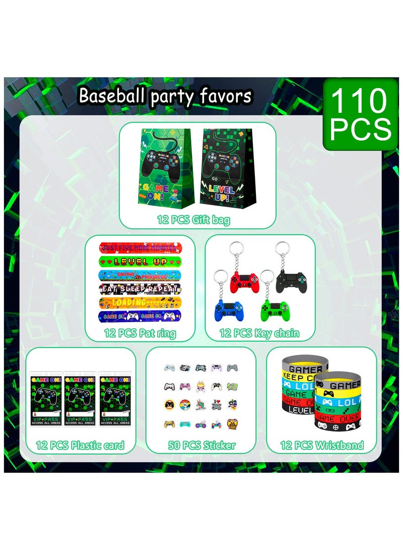 Video Game Party Favors for Kids, 110pcs Set Including Video Game Wristband Slap Bracelets Keychain Vip Pass Ticket & Gamer Goodie Bags etc Gaming Party Favors