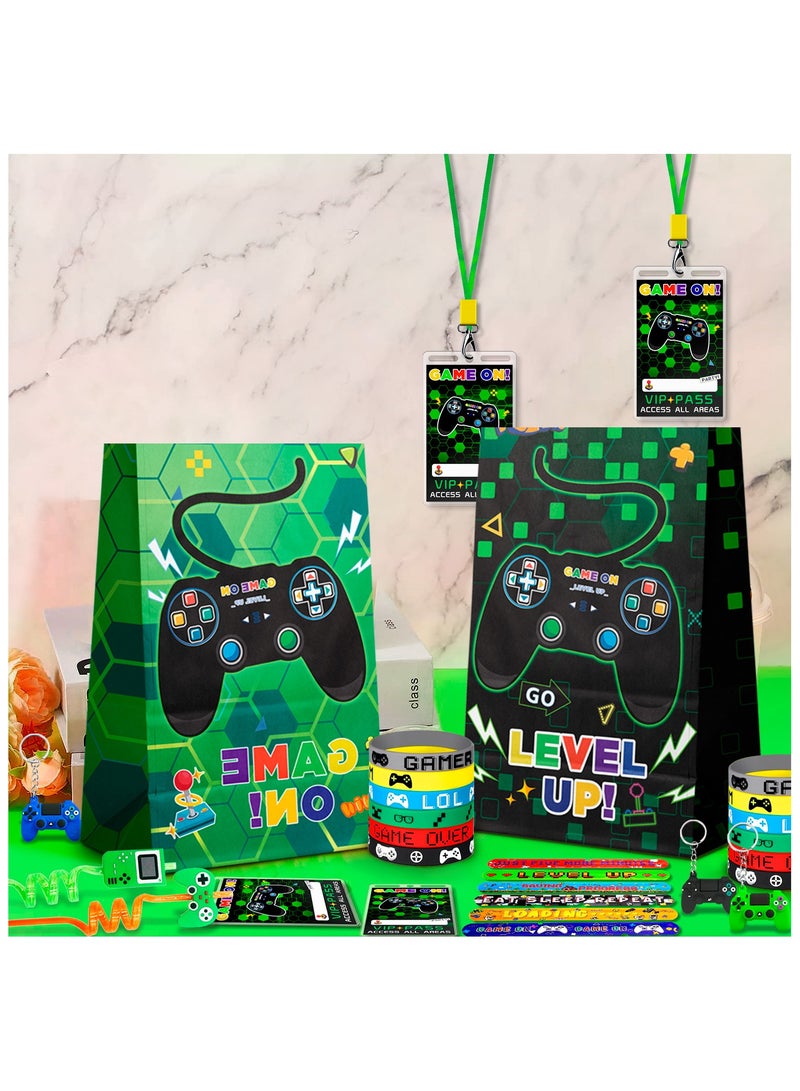 Video Game Party Favors for Kids, 110pcs Set Including Video Game Wristband Slap Bracelets Keychain Vip Pass Ticket & Gamer Goodie Bags etc Gaming Party Favors