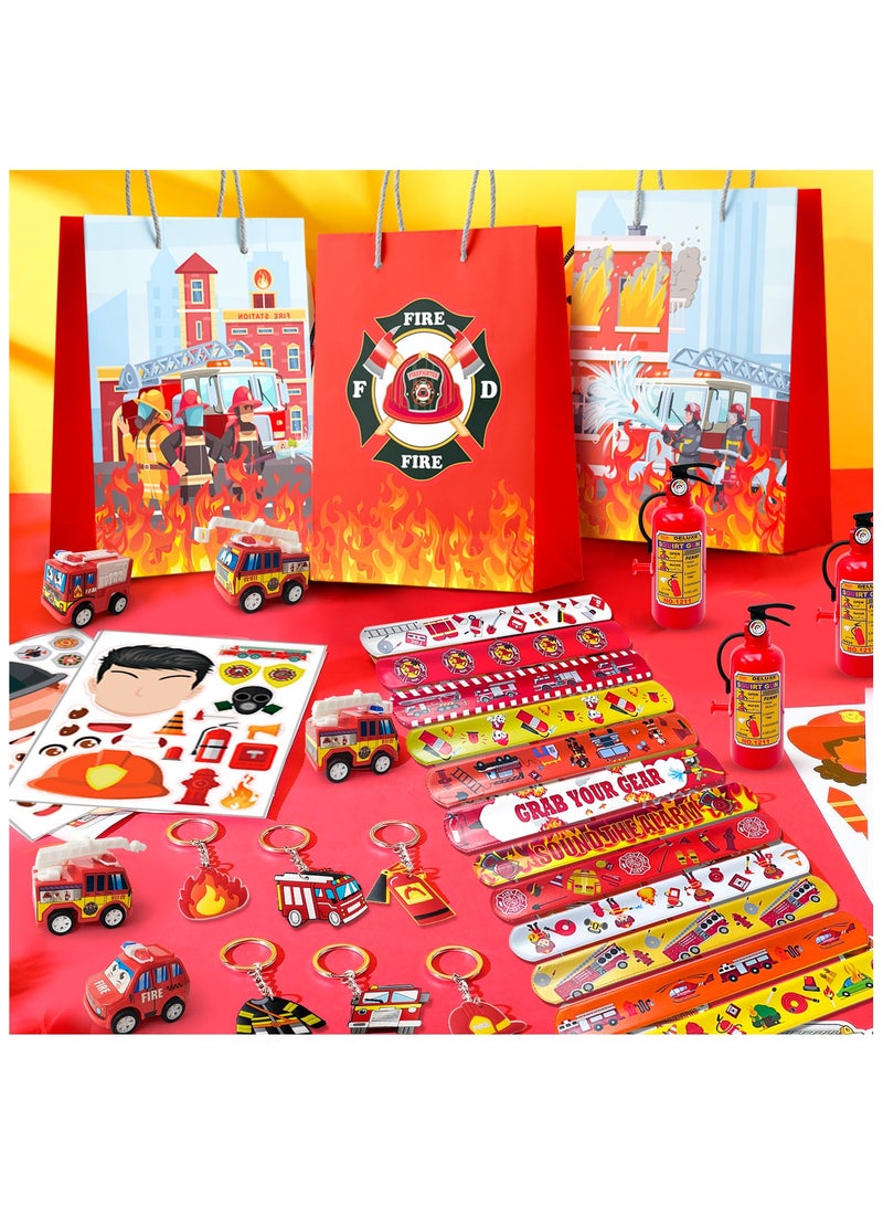 Firefighter Party Favors,72pcs Fire Truck Party Favors Set-  Party Stickers Slap Bracelets Keychains etc Firefighter Themed Party Favors for Firefighter Birthday Party Decorations Supplies