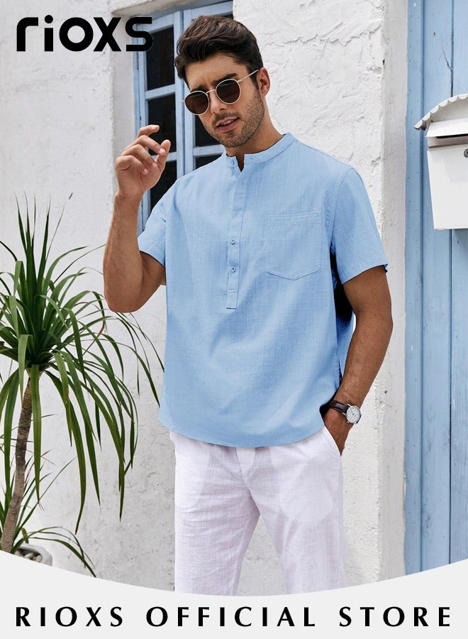 Men's Shirts, Button-Up Short Sleeve Top, Solid Color V-Neck Henley Shirts, Summer Loose Shirt, Casual Beach Shirts For Men, Comfy Mens Dress Shirts Tops For Hawaiian Office Or Daily Wear